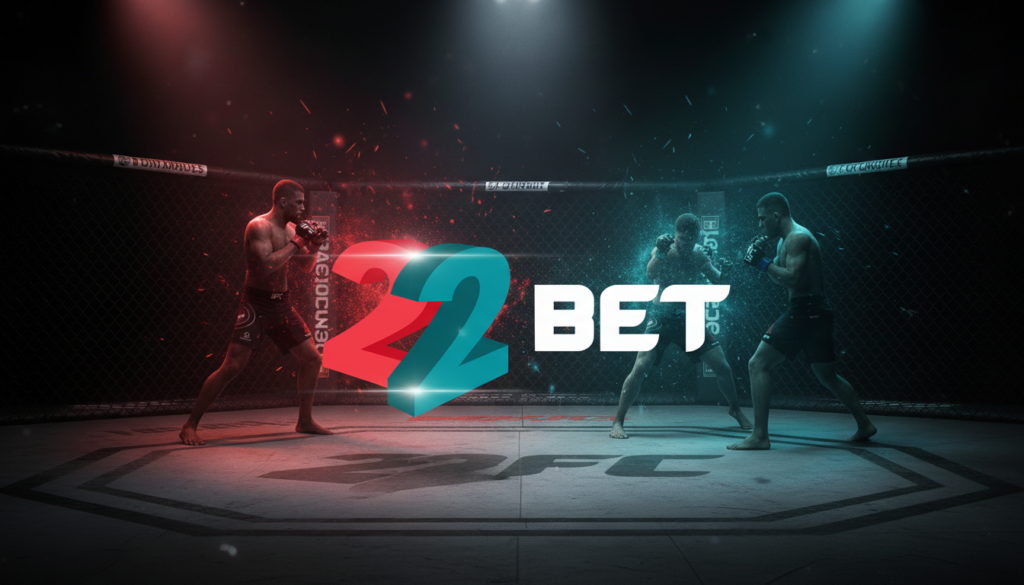 Banner 16:9 de 22Bet para apuestas UFC/MMA con el logo 22Bet sobre un octágono iluminado en azul y rojo (temática combate y apuestas deportivas).