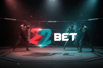Banner 16:9 de 22Bet para apuestas UFC/MMA con el logo 22Bet sobre un octágono iluminado en azul y rojo (temática combate y apuestas deportivas).
